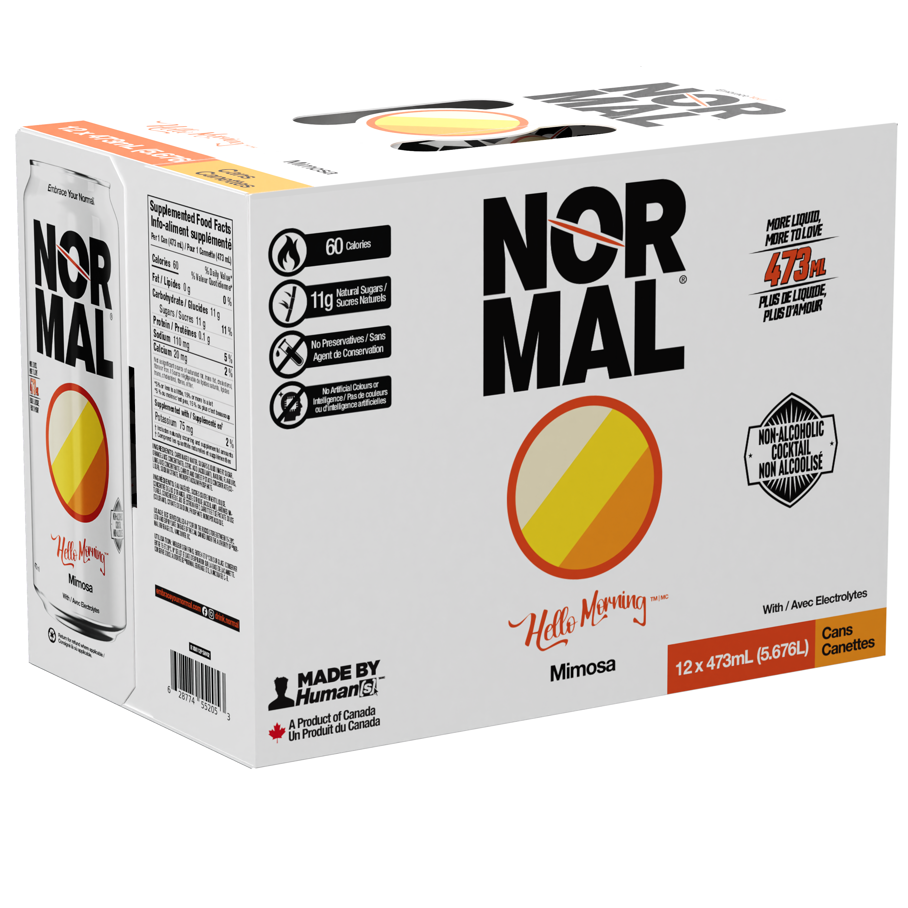 Normal Beverage, Hello Morning Non-Alcoholic Mimosa Premium Ready-to-Drink Cocktail - Low Sugar, Low Calorie Mocktail - 12x473mL Case with Carrier Handle.